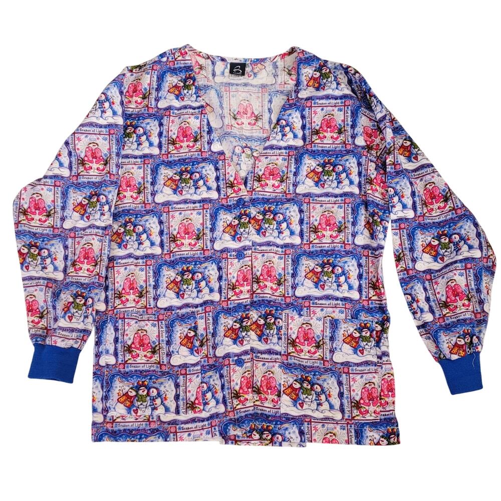 Barco Holiday Snowman ButtonDown Scrub Top with 2 Pockets Size M 100% Cotton EUC